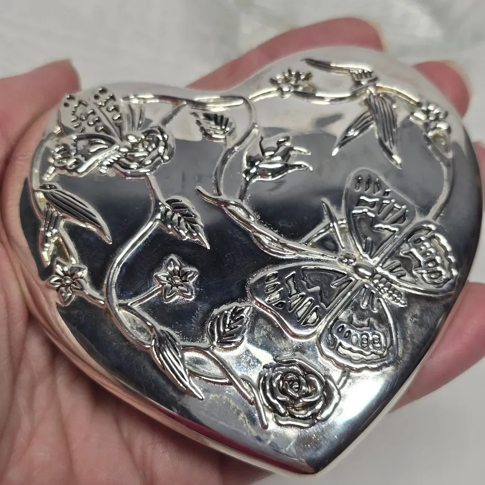Vintage Silver Plated Butterfly Floral Lid Heart Shaped Glass Trinket Box